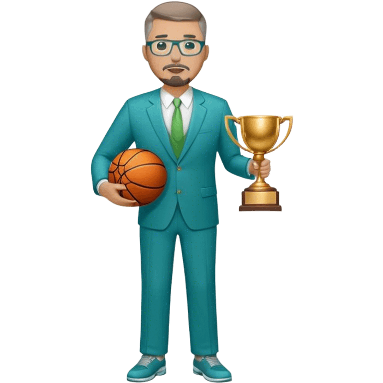 Full Body white plus size man  wearing glasses with a goatee with light brown and gray short hair basketball head Coach in blue and green suit holding trophy emoji