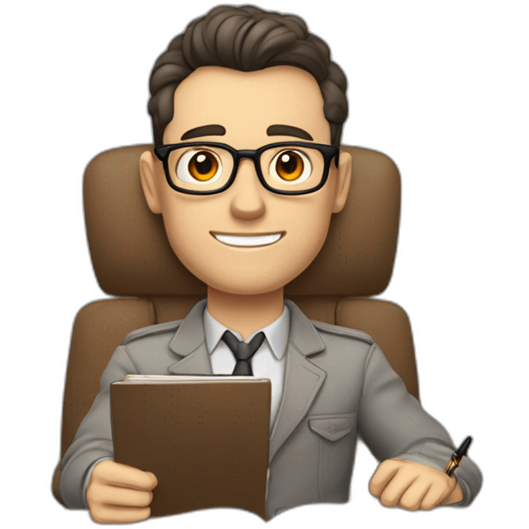 Pale skinned Fit Man With dark brown hair in gray jacket, beige office shirt and vintage glasses sitting In a soft chair with a notebook with emblem Ψ and a pen in his hands emoji