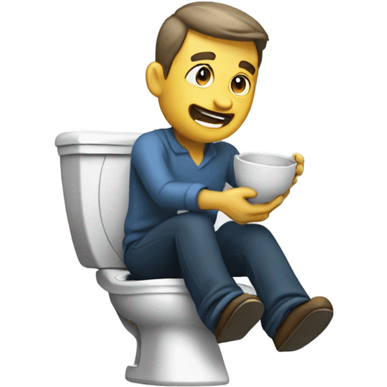 clothed man on toilet holding bowl and throwing up emoji