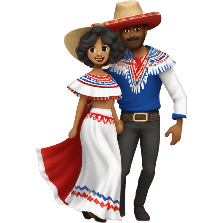 pareja de hombre y mujer bailando danza folcórica chilena llamada cueca. El hombre usa sombrero de huaso y poncho con colores cafés y la mujer usa vestido blanco con detalles rojos y azules emoji