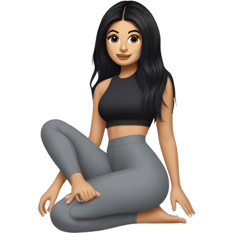 Kylie Jenner in yoga pants sitting on her heels emoji