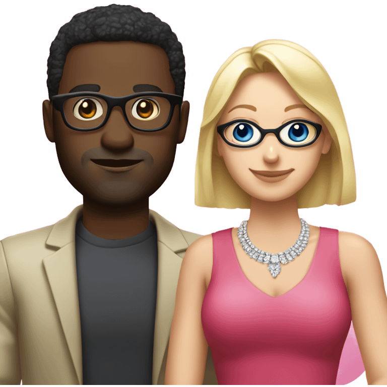 White blonde woman with no glasses in a pink dress and diamond necklace standing next to emoji black man with glasses wearing red shirt glasses standing next to white eoman emoji