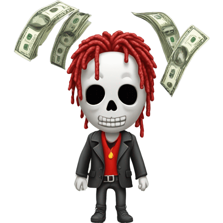 Young hustler skeleton with red color dreads  money falling down like rain drops emoji