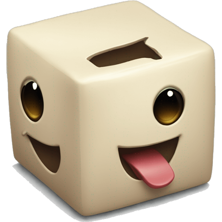 Image of a cube with no more than 3 sides but not quite 2. And there's aguy in there  a small one, he's looking at the camra in this scene .Wide eyes mouth being like "Oh, the cube!"Huge ball?s emoji