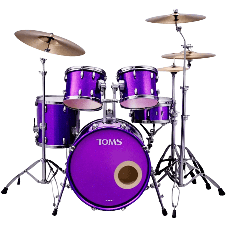 Create a bold and striking emoji representing Lars Ulrich’s Tama Starclassic drum kit. The design should feature a glossy, purple drum set with sparkling glitter accents, showcasing the bass drum, snare, toms, and multiple cymbals. The drums should have a polished, shiny surface, emphasizing the gleaming purple color with a metallic sheen. Add subtle details like sound waves or musical notes emanating from the kit to symbolize the intense rhythm and power of Lars' drumming. Use a mix of deep purples, silvers, and chrome finishes to reflect the signature look of the Tama Starclassic. The background should be transparent. emoji