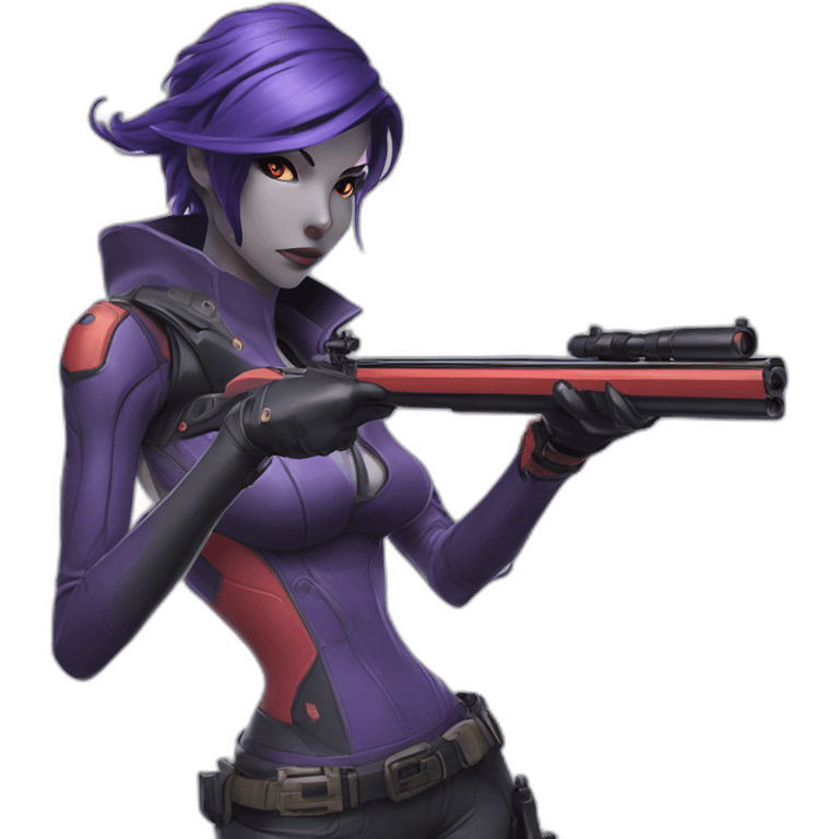 widowmaker from overwatch, shooting and scoping targets with a slingshot, drawn in the style of one piece manga emoji