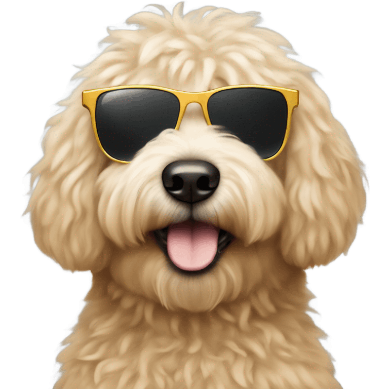 A fluffy golden doodle face wearing sunglasses emoji