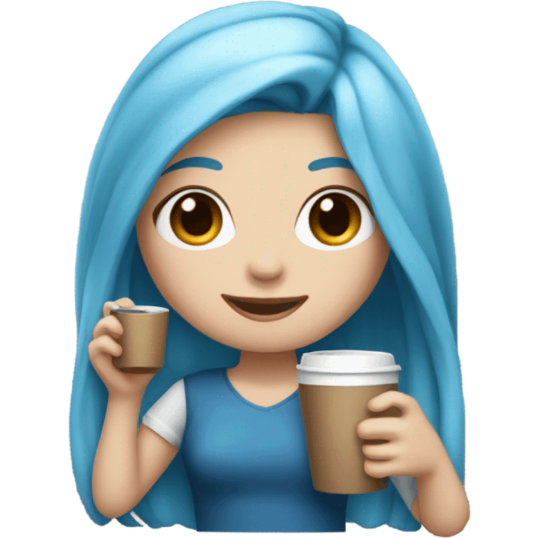 white skin girl with blue long hair drinking coffee emoji