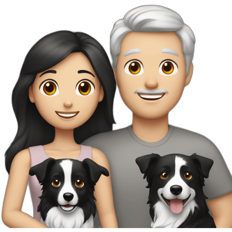 Family formed by a White man and a White woman with long black hair and a small black border collie dog emoji