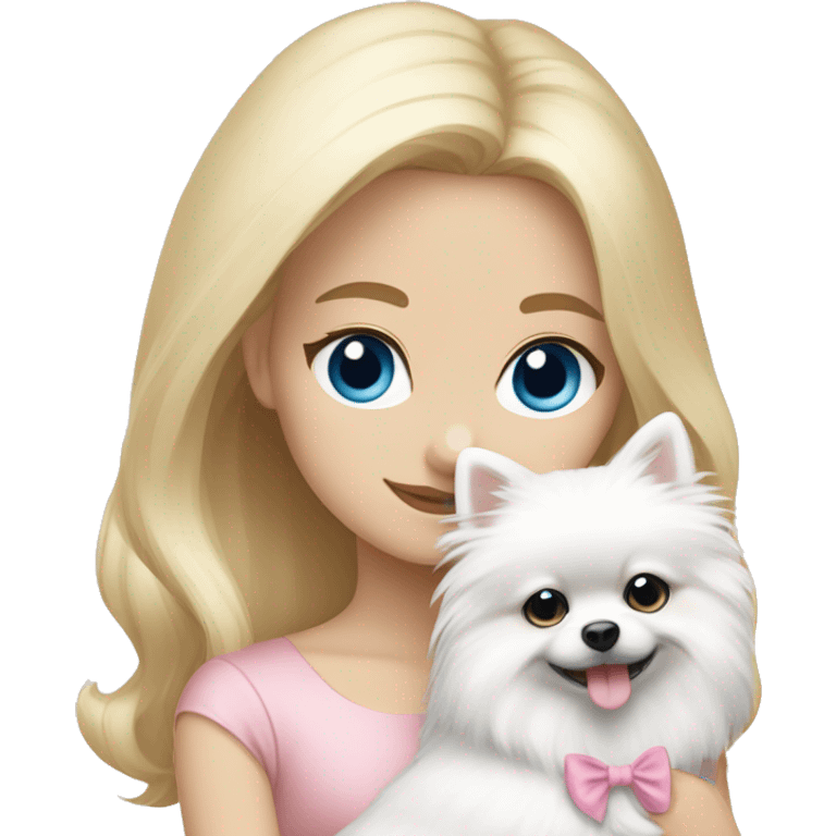 Blond girl white skin blue eyes hugging white Pomeranian with light pink bow emoji