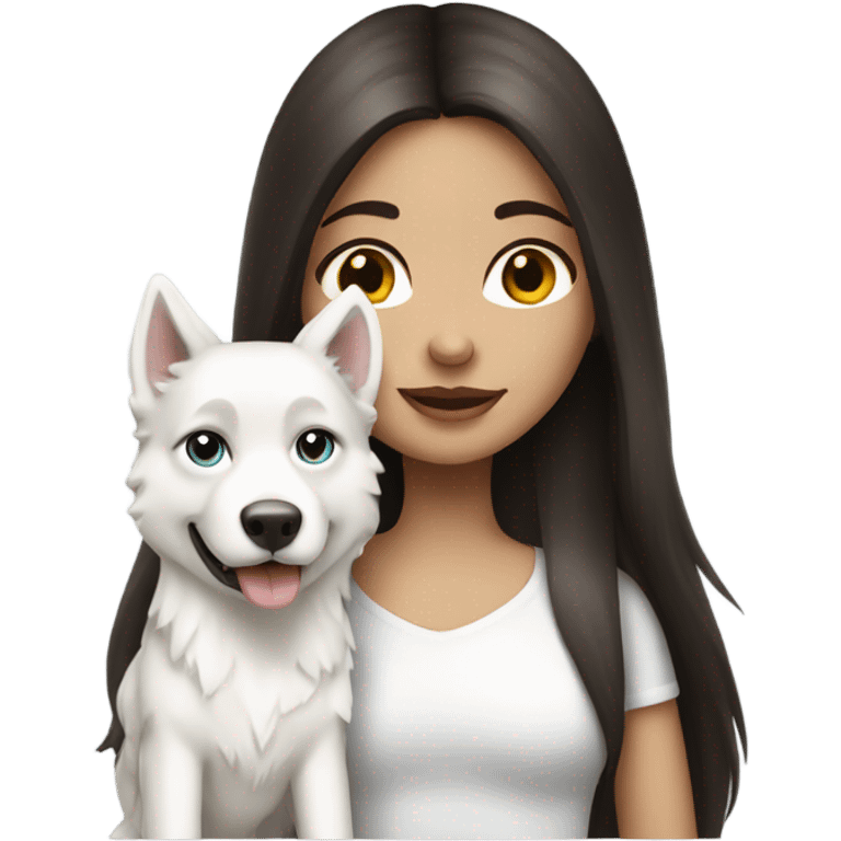 Brunette long haired girl holding a white husky  emoji