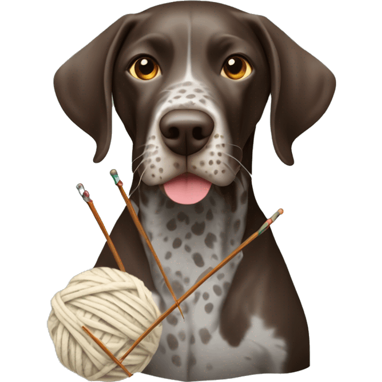 German shorthair pointer with knitting needles and ball of yarn in it’s mouth emoji