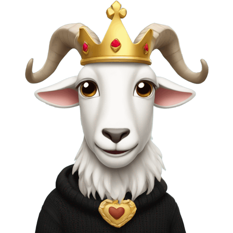 Goat with horns wearing a black sweater and big royal crown emoji