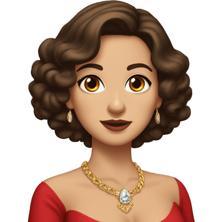 brunette woman with curly dark brown hair length to mid back. hair E parted on the left side. hair with more volume on the straight side. dark eyes. dressed in red sash top. wearing a golden necklace and a diamond tip. busty. medium size eyes emoji