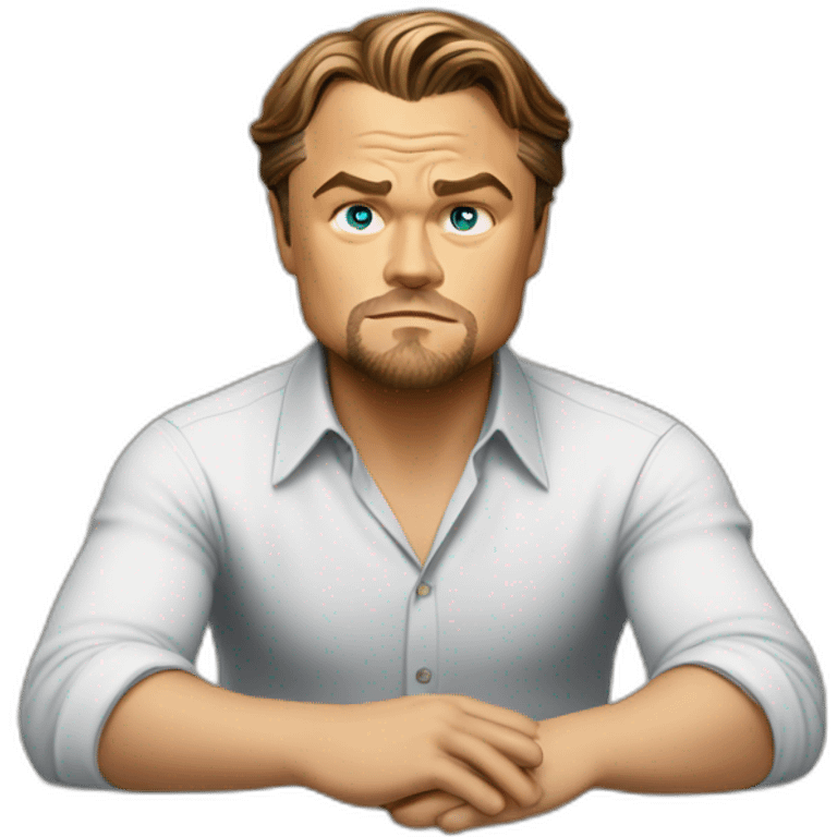 Leonardo DiCaprio sitting on a table and trying to solve a problem in his business emoji