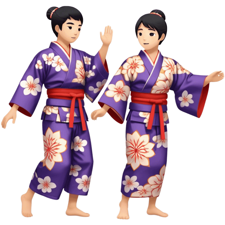 Cinematic Realistic scene of two performers engaging in Bon Odori, dressed in traditional yukata with intricate summer patterns, captured in graceful, rhythmic motion with warm, festive lighting emoji