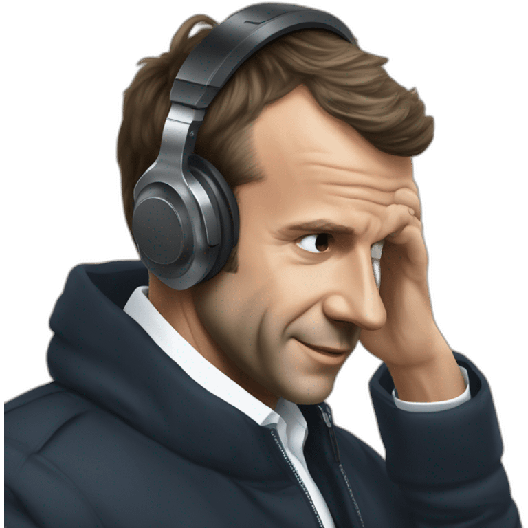 Emmanuel Macron using earphones vibing at the music emoji