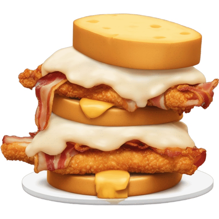 Two fillets of crispy chicken with a slice of cheese, bacon and some sauce in the middle emoji