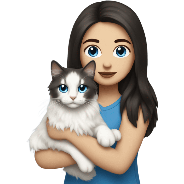 woman with dark long hair and holding a all white Siberian cat with blue eyes emoji