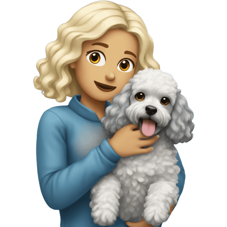 Blonde girl holding blue Merle poodle  emoji