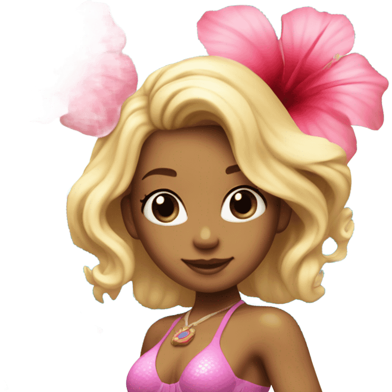 Mermaid with blonde hair, light blue tail and bra and a pink hibiscus flower in her hair emoji