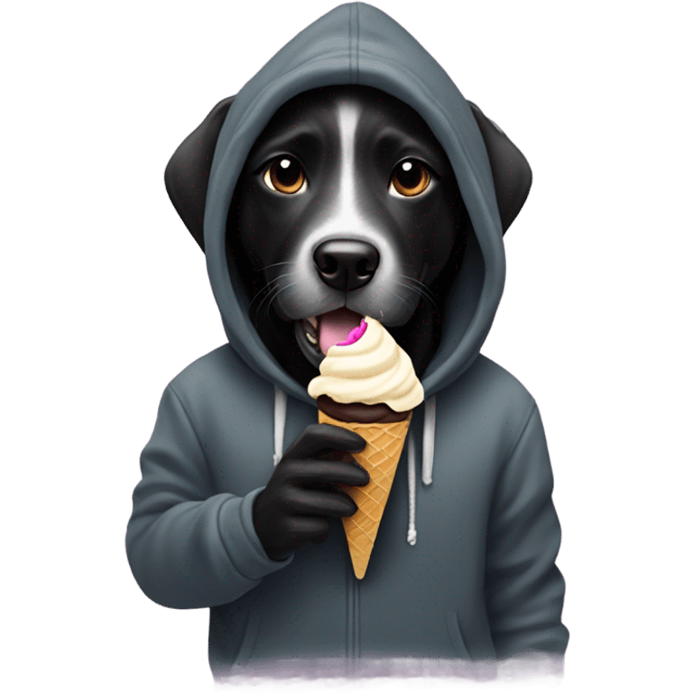 Black dog eating ice cream in a hoodie emoji