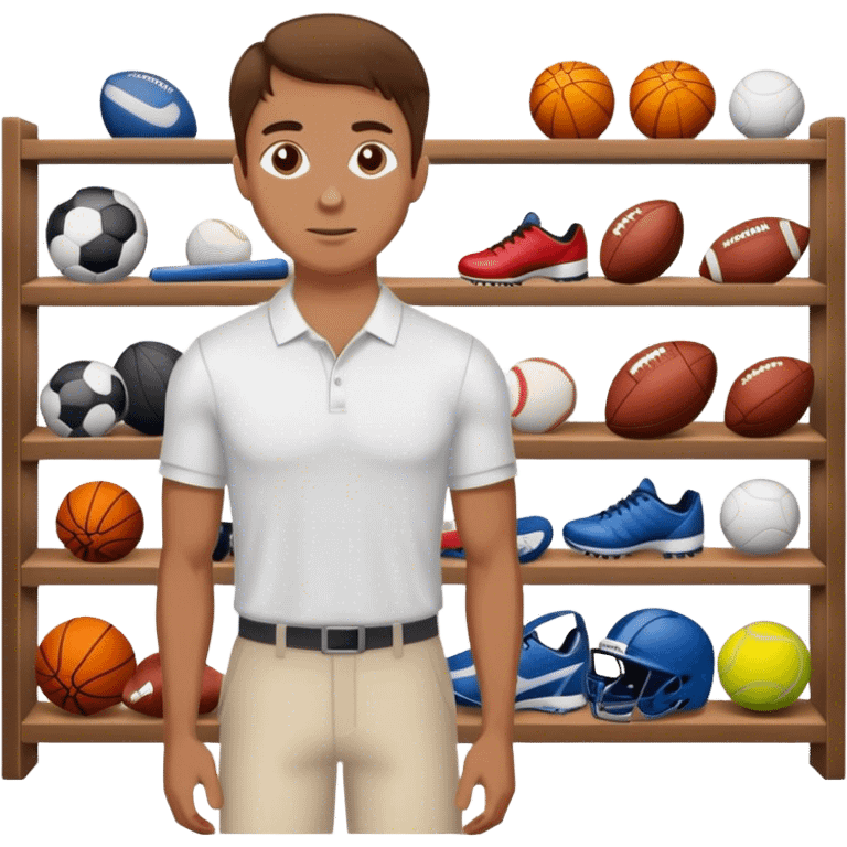 a white  salesman with brown hair standing next to a shelf where sports equipment is placed emoji