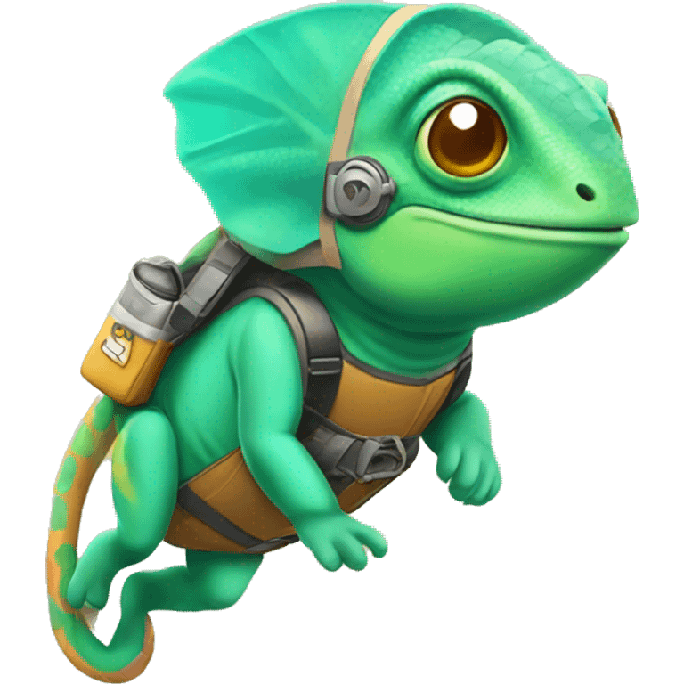 A chameleon flying around with a jetpack emoji