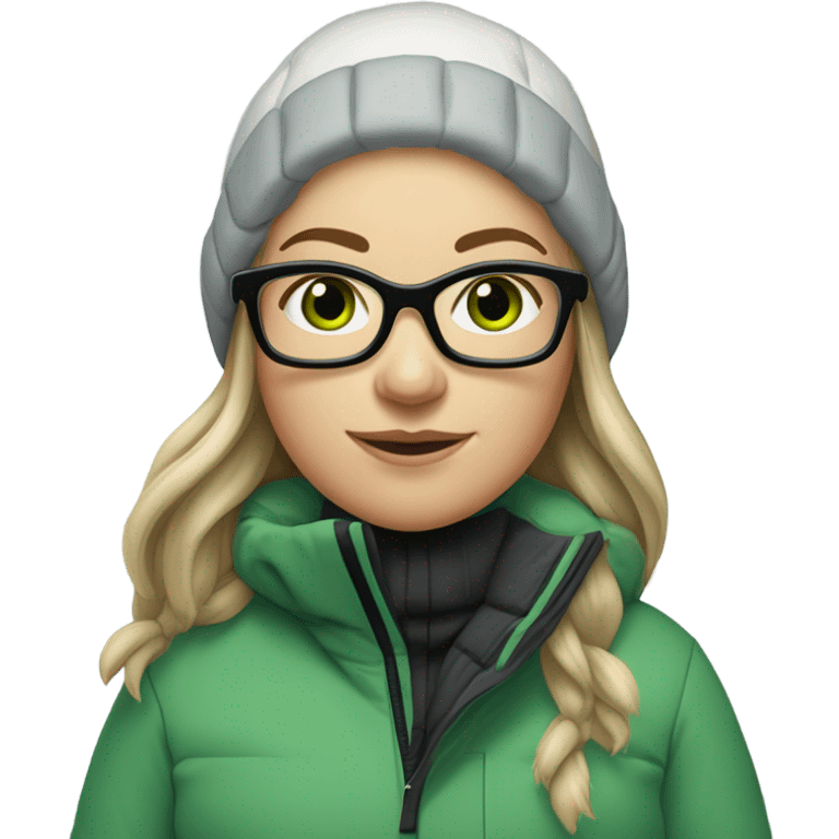 Green-eyed, slightly overweight female skier with long straight hair, glasses, light grey snow jacket, long black pants, black only snow boots, wearing black skis standing tall. emoji