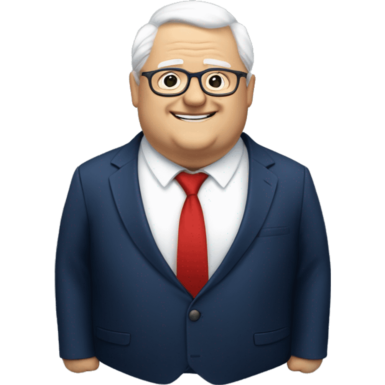 A fat older man, white hair, with glasses, no beard, smiling with teeth, and wearing a navy blue suit and red tie emoji