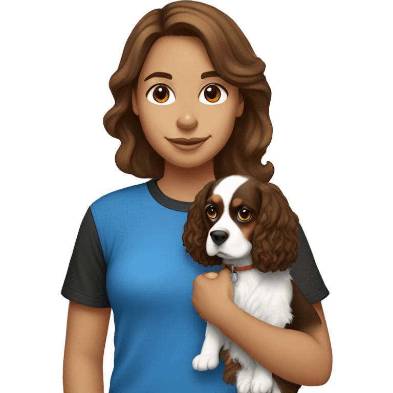 Girl with brown hair, wearing a blue baggy T-shirt, holding a black and white king cavalier, spaniel dog emoji