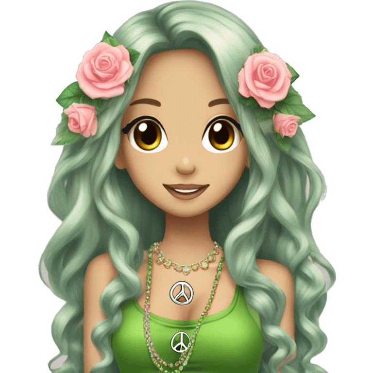 hime gyaru girl, hippie, long brunette hair with roses in hair, crystal jewelry, green top, peace sign hand logo emoji