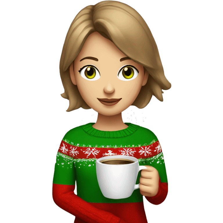 Light brown short haired girl with green eyes drinking coffee wearing red Christmas sweater emoji