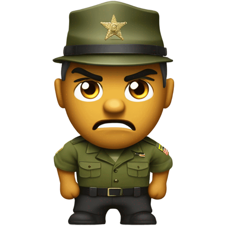 drill sergeant character wearing a classic sergeant hat and a camouflage army shirt. The character should have an angry intense expression. full torso emoji