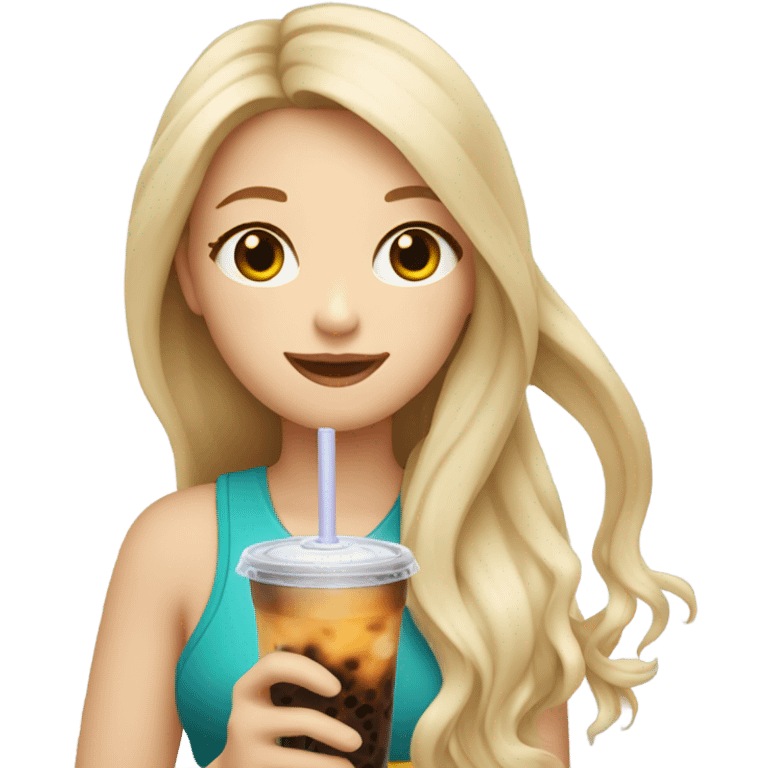  Blonde long hair girl eating Korean food and drinking boba emoji