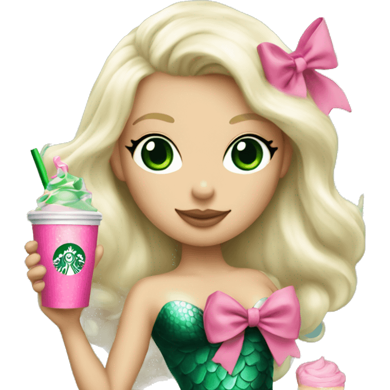 platinum blonde mermaid with green eyes drinking pink starbucks wearing a pink bow emoji