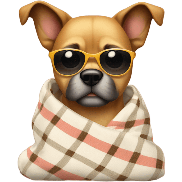 Dog with a cozy blanket and sunglasses emoji