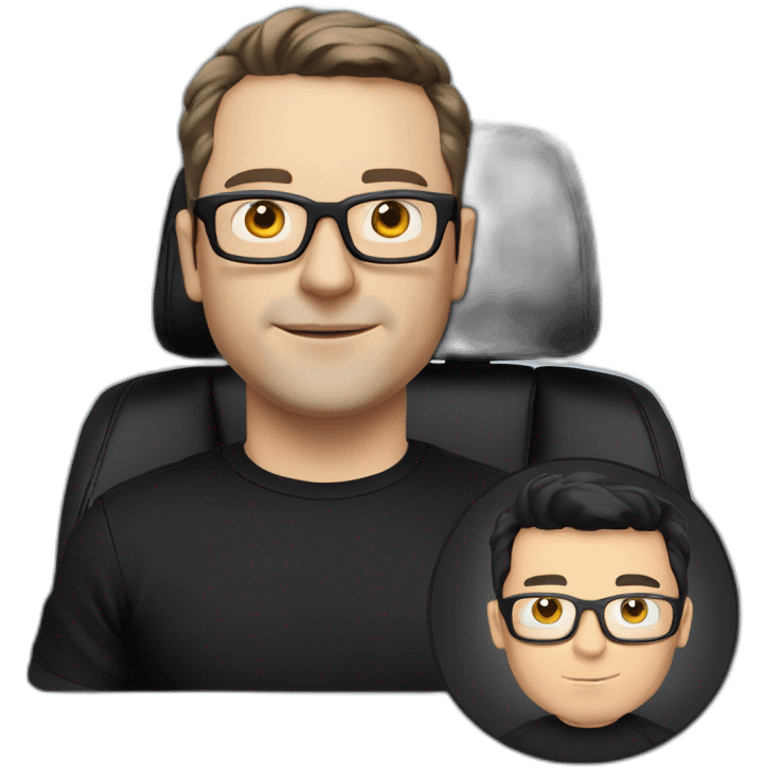 small-cartoonish-middle-age-lean-white-man,without beard or moustache,-with-black-hair-&-glasses-wearing-black-Tesla-T-shirt,-inside-black-tesla-model-3, full car front view with driver emoji