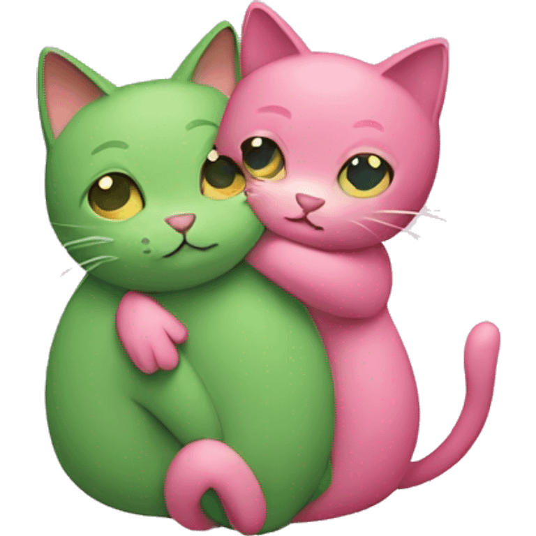 a pink and a green cat hugging emoji