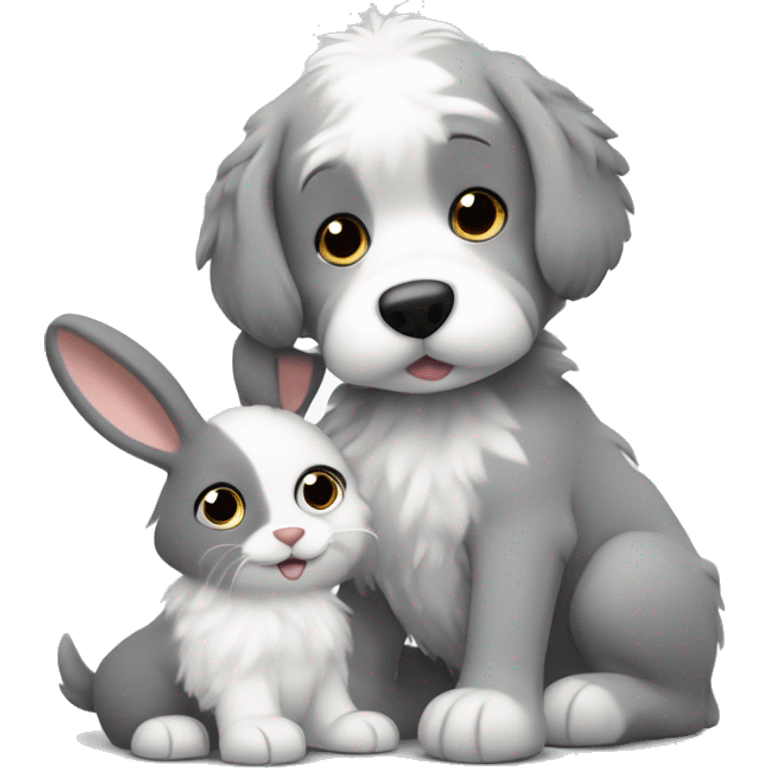 Grey and white fluffy dog petting a bunny ￼ emoji