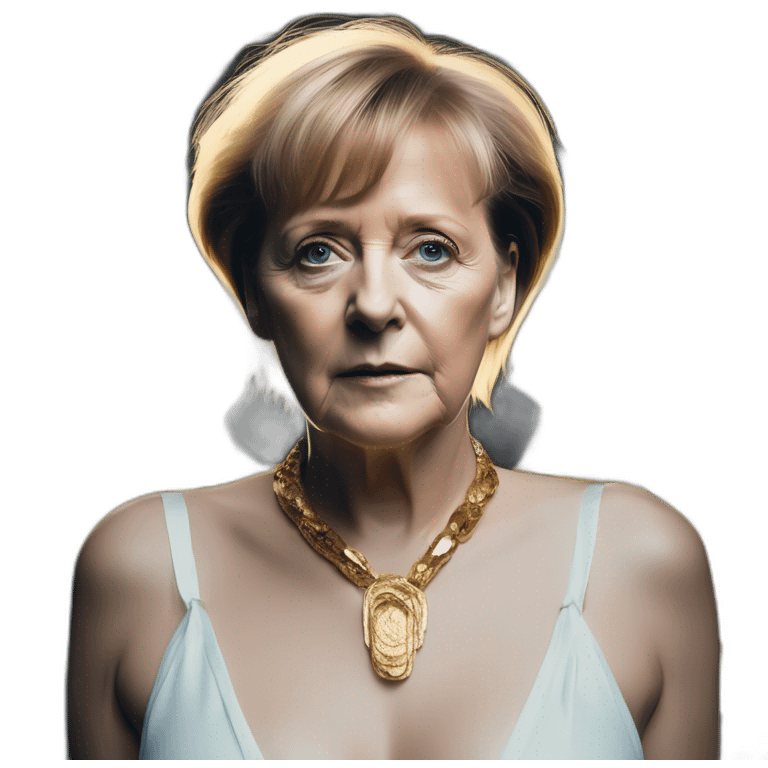 Angela Merkel, david bellemere, Bare belly, Wings, Choker, Bathed in shadows, FOV 90 degrees, short lighting, L USM, Cold Colors, gilded technique, extremely hyper aesthetic, absurdres emoji