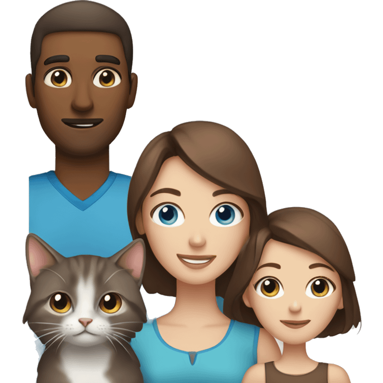 Woman with brown hair and blue eyes with man with brown hair and brown eyes holding a small gray cat emoji