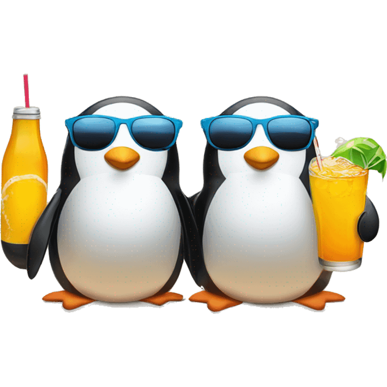 Two penguins on a beach with sunglasses and drinks emoji