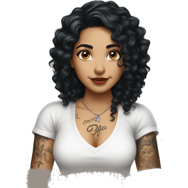 Pretty Latina girl with long black curly hair in white shirt and arm tattoos emoji