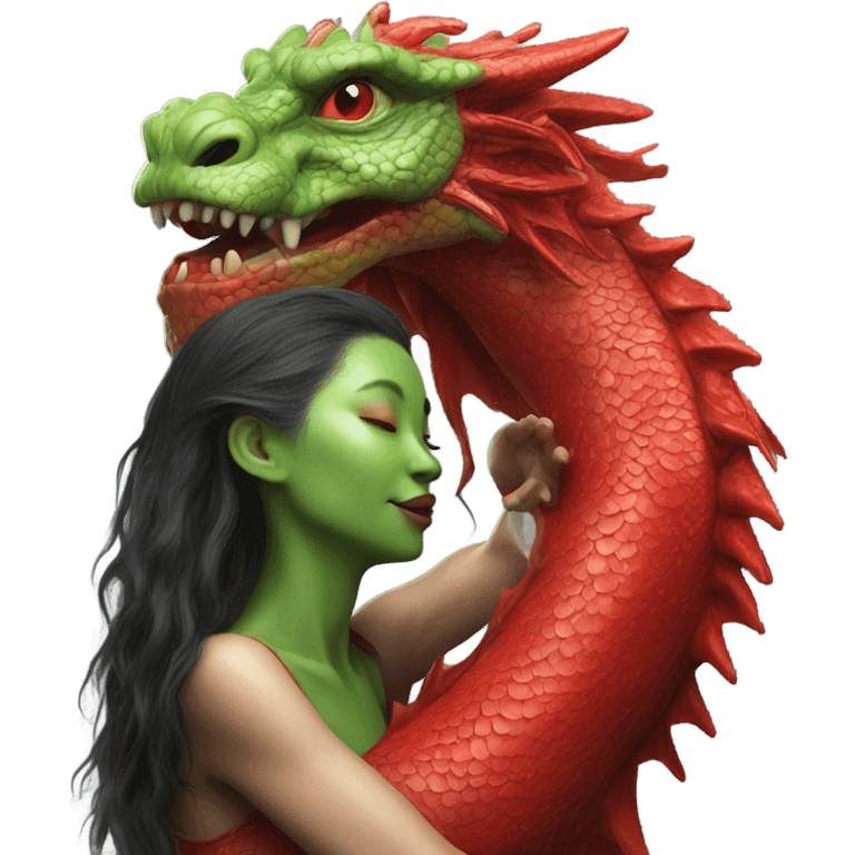 Photo realistic, alien female green, kissing and embracing red china dragon emoji