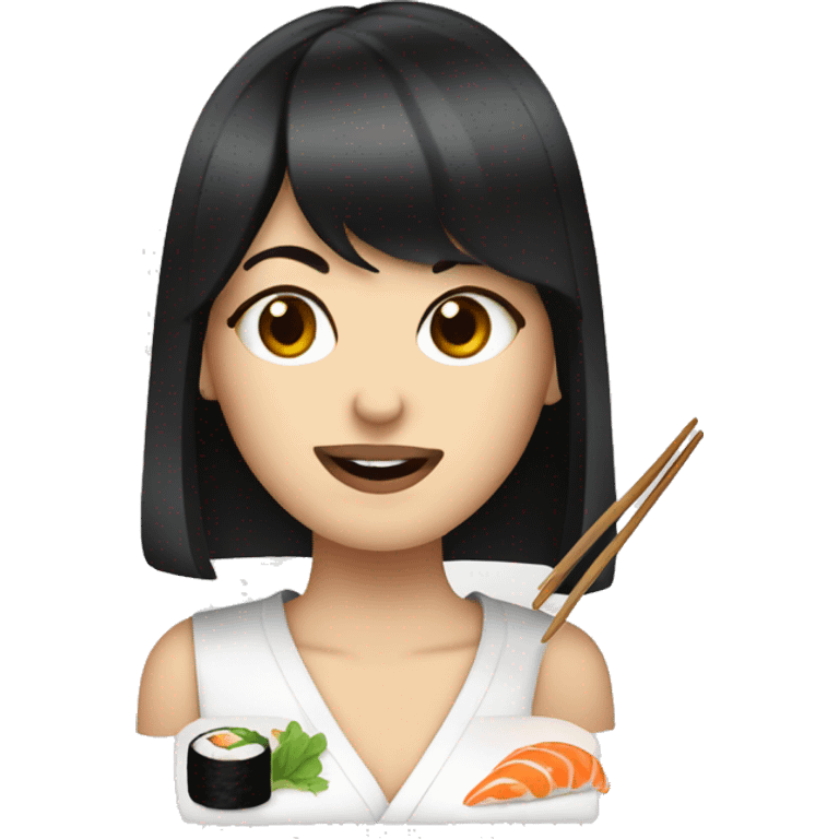 a black-haired white woman with bangs was chewing sushi emoji