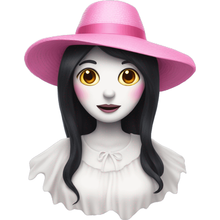 ghost lady with black hair and a pink sun hat emoji