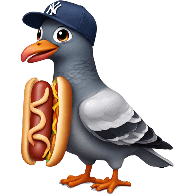 pigeon wearing New York yankee hat while eating a hotdog emoji