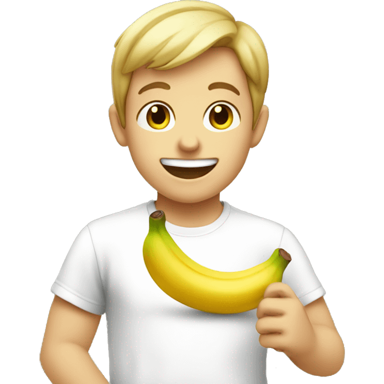 smiling boy in white shirt eating banana emoji