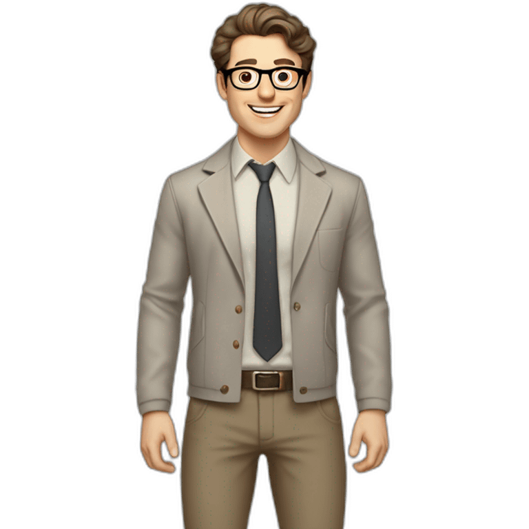 Joyful Pale skinned Fit Man With dark brown hair in gray jacket, beige office shirt, Brown pants and vintage glasses. His thrumbs up emoji